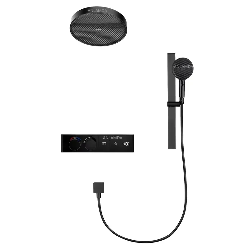 2025 New Matte Black Wall Mount Temperature Digital Display Shower Set Thermostatic Bath Shower Mixer With Slide Bar