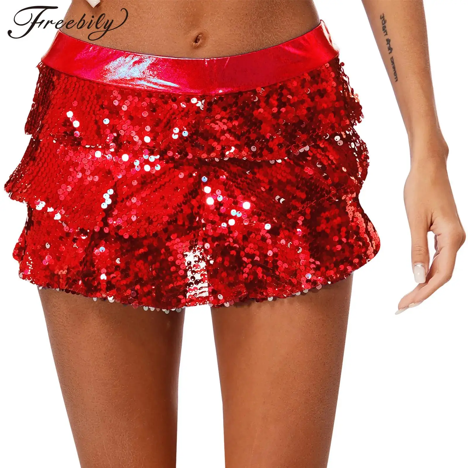 

Women Shiny Sequins Tiered Ruffle Skirted Shorts Metallic Dancewear Culottes Fashion Jazz Dance Hiphop Stage Performance Costume