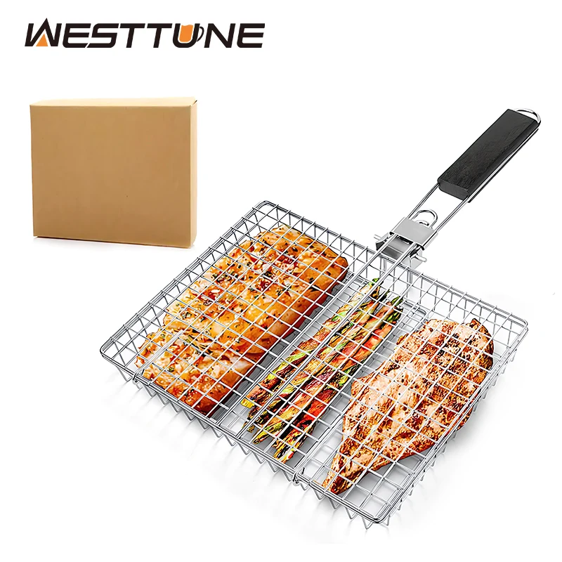 

WESTTUNE Grill Basket Folding Stainless Steel BBQ Net Rack with Handle Outdoor Camping Grill Mesh for Chicken Fish Steak BBQ