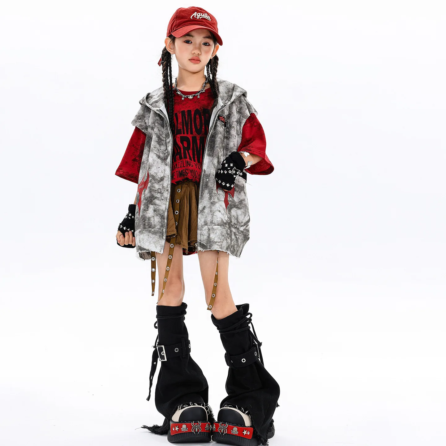 

Kid Kpop Hip Hop Clothing White Print Hoodie Vest Red Letter T Shirt Coffee Strap Pleated Skirt for Girls Dance Costumes Clothes