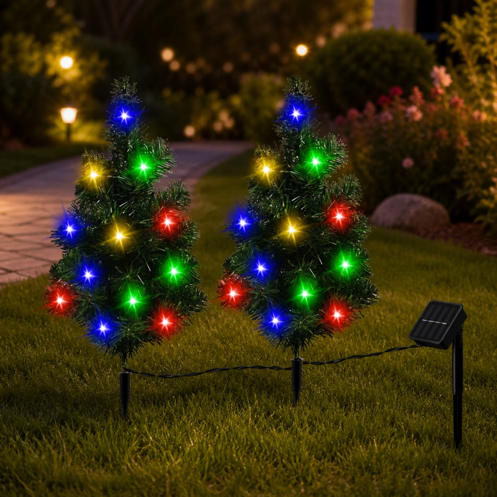 2 Pieces Solar-Powered LED Christmas Tree Light Colorful Solar Christmas Tree Stake Light Cordless Sturdy for Lawn Decoration