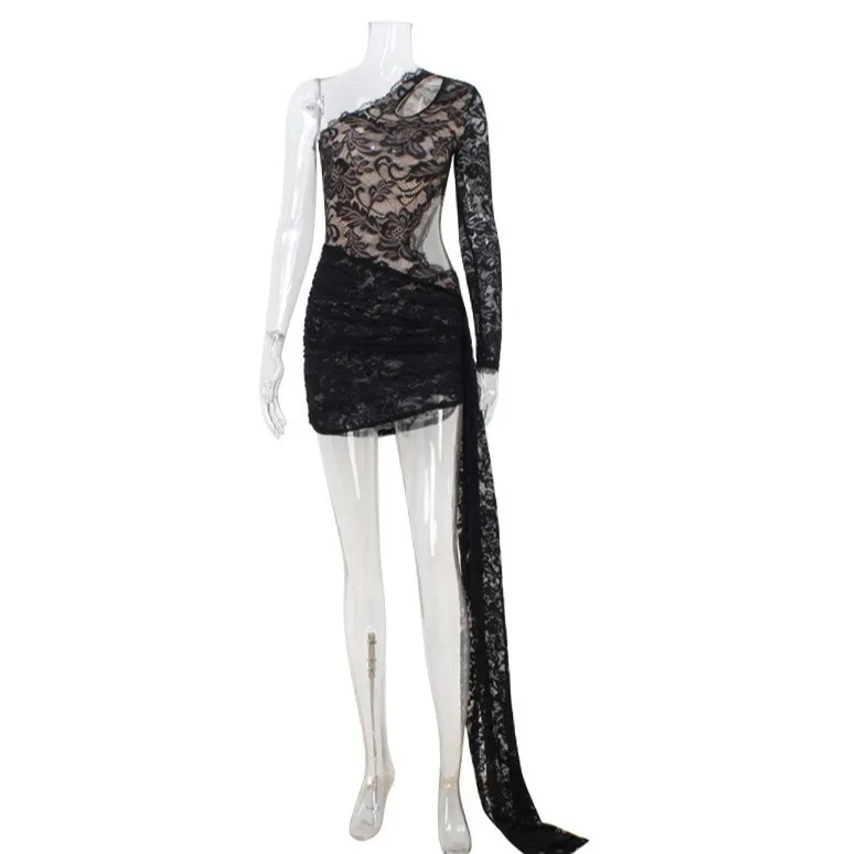 Sukienki na imprezę Spice Girl Club, stylowa czarna koronkowa marszczona mini sukienka damska, asymetryczna sukienka z odkrytym ramieniem, seksowna sukienka z wycięciami.