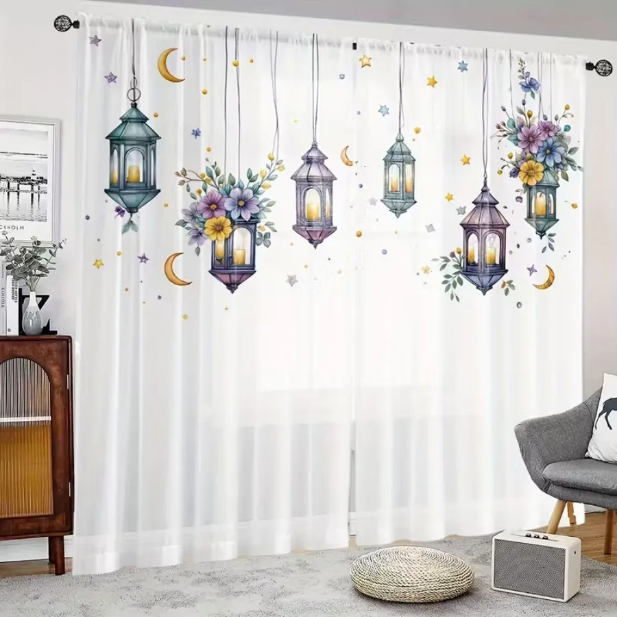 2PCS Digital Print Sheer Curtains, Painted Star Moon Flower Lamp, Ramadan Bohemian Style for Bedroom Living Room Home Decor