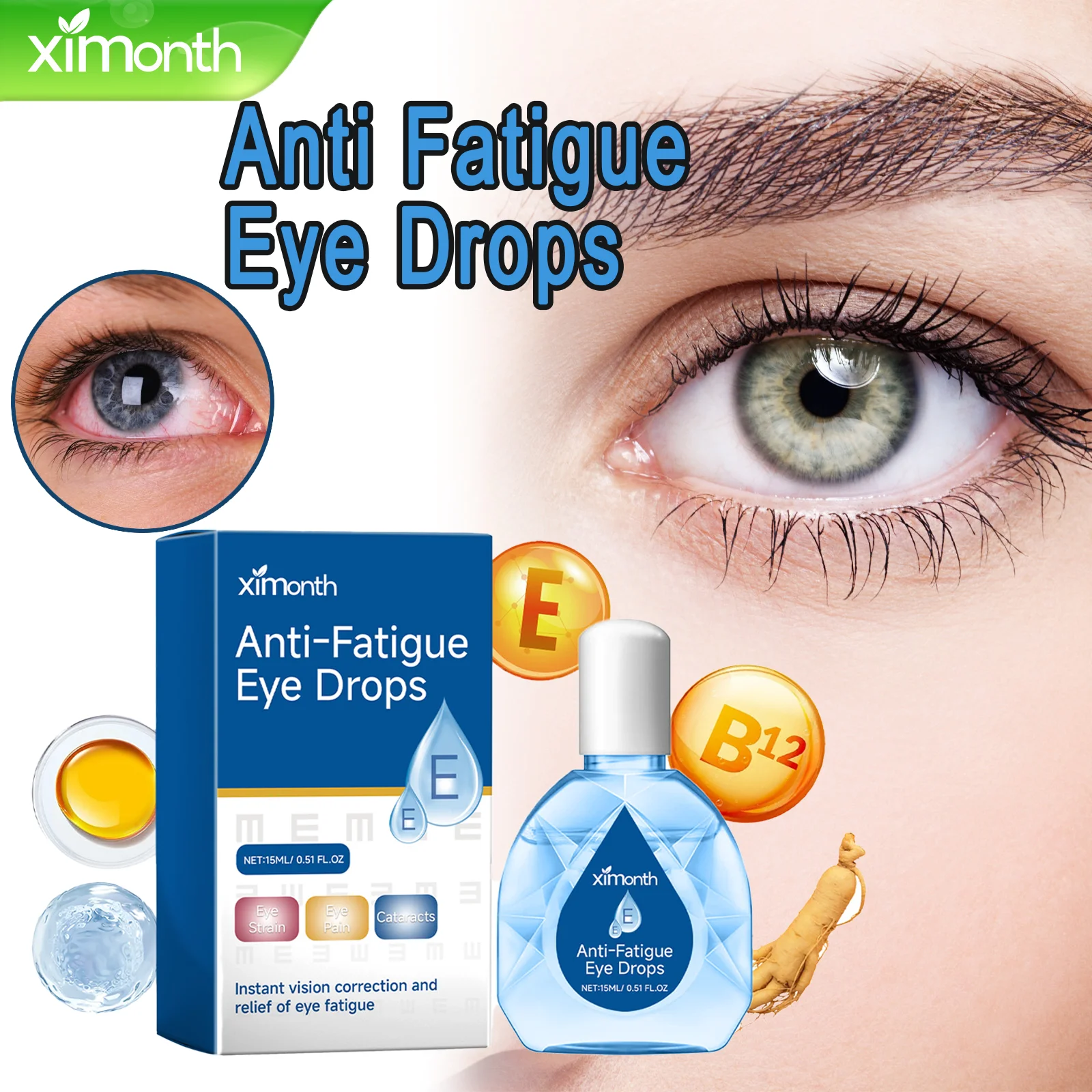 Gotas para los ojos para aliviar la fatiga, lubricante para el cuidado de los ojos con luteína y vitamina E, solución hidratante portátil para los ojos de 15ml