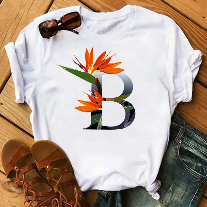 Custom Name Letter Combination Women's High Quality Print T-shirt Flower Letter Font A B C D E F G Short Sleeve Tshirt T