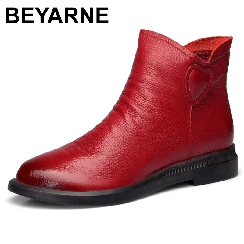 BEYARNE  British Style Genuine Cow Leather Women Ankle Boots Autumn Fashion Pleated Side Zipper Short Boots Women Flats Shoes