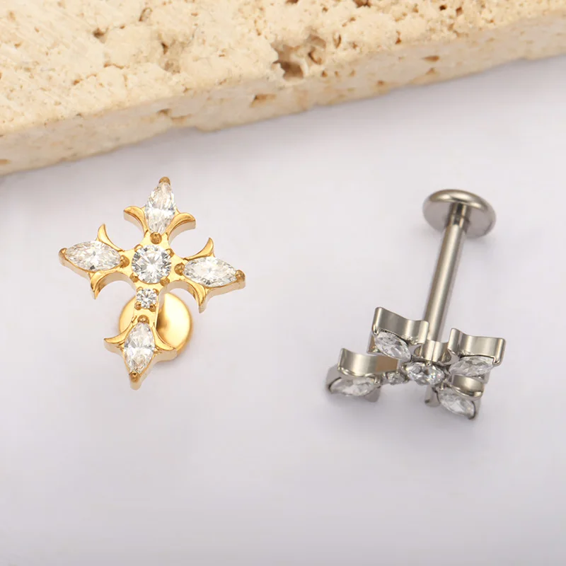 ASTM F136 Titanium Marquise Cross Lab Piercing Gothic Punk Lobe Ear Studs Flat Internal Thread Labret Nose Studs Lip Studs