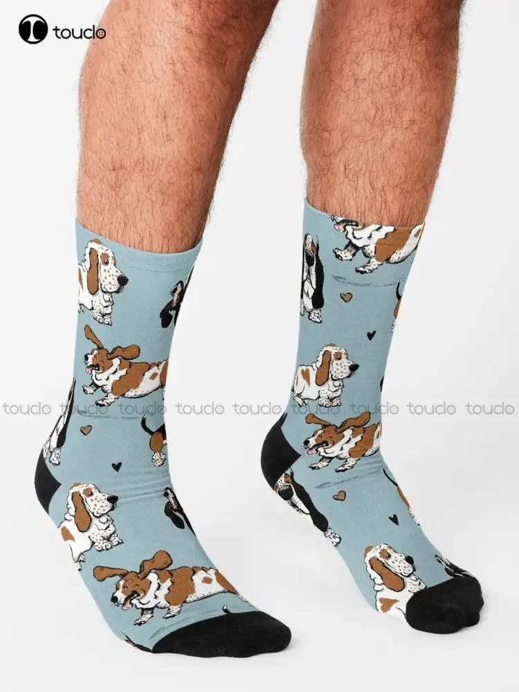 Basset Buddies On Blue Socks Womens Socks Crew 360° Digital Printing Personalized Custom Unisex Adult Teen Youth Socks
