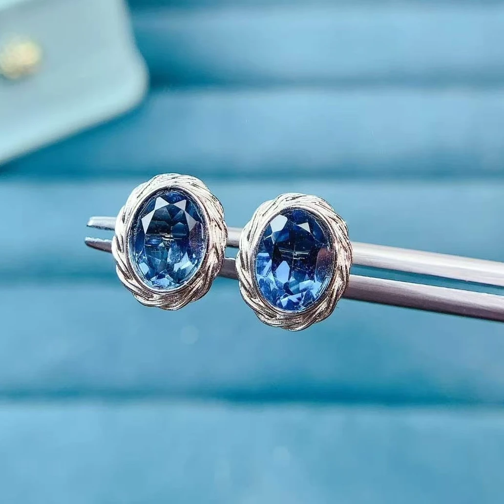 925 Silver Natural  Topaz Earrings with Certificate 6x8mm Genuine London Blue Topaz Jewelry Twisted Rope Frame Silver Earrings