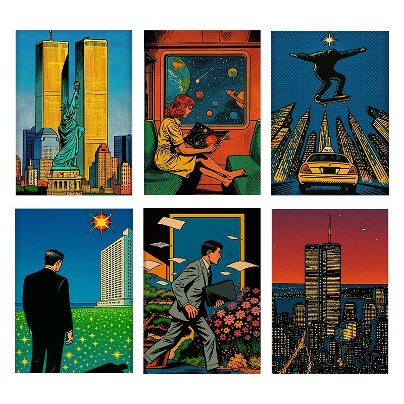 (No frame)Retro Futurism Space City Landscape Poster Prints Canvas Painting Retro Cosmic Wall Art Pictures Home Room Sci Fi L