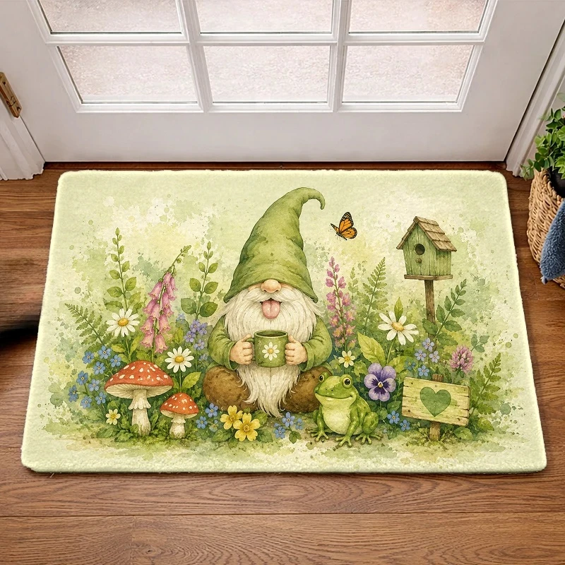 Garden Gnome Door Mat, Cute Dwarf & Flower Pattern, Spring Welcome Rug, Non-slip Entrance Floor Mat, Fairy Home Decor