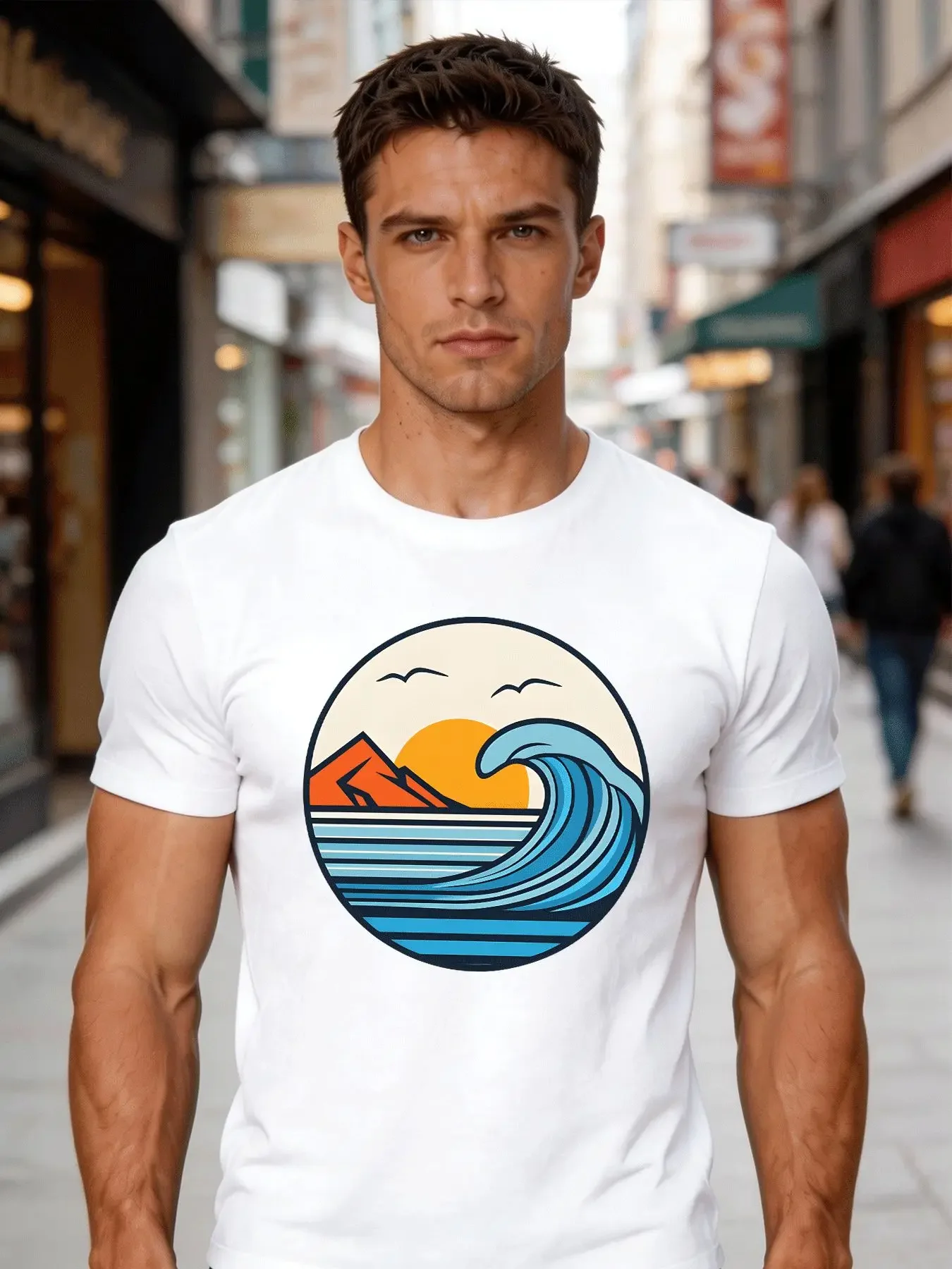 Male Cotton Short Sleeve T Shirt Sunset Mountain Sea Wave Pattern Loose Crew Neck Trendy Outdoor Summer Tees For Young Adult Men