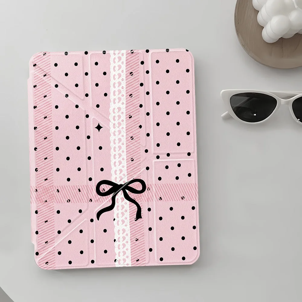 Y‑shape Tri‑Fold Tablet Protective Cover for Apple iPad Pro 12.9 13 11 Air 4 5 11 Mini 6 7 8.3 Inch Case Pink Polka Dot Bow Lace