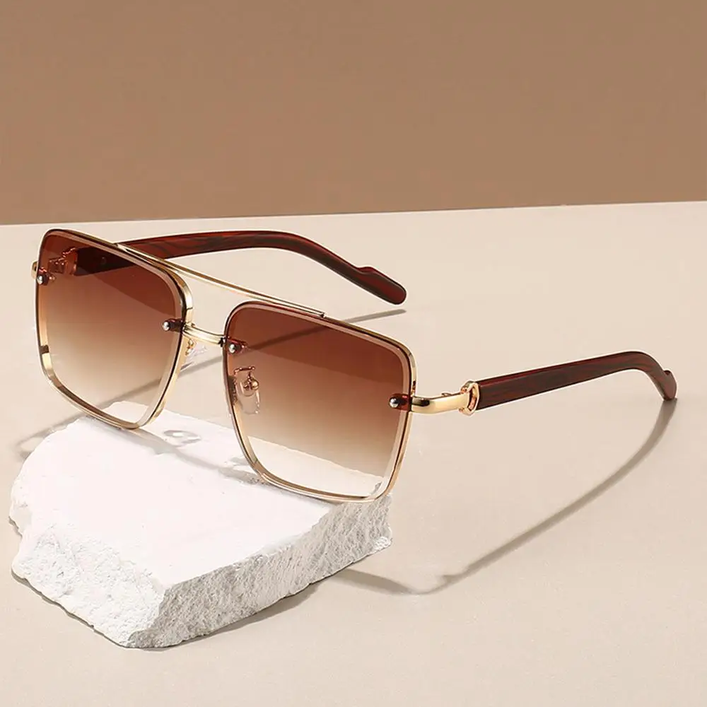 Double Bridge Metal Sunglasses Square Frame Gradient Lenses Men's Driving Sun Glasses Wood Grain Temple Summer Shades Unisex