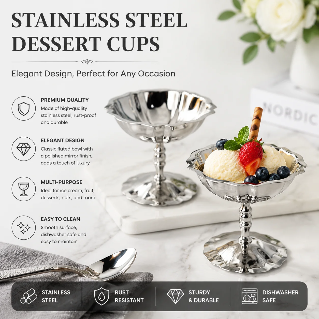 1PC 304 Stainless Steel Dessert Cup, Retro High Base Goblet for Ice Cream Salad Fruit Yogurt