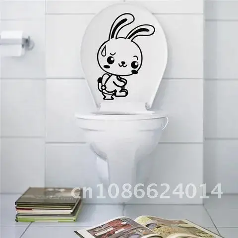 Hilarious Rabbit Bunny Toilet Seat Stickers Restroom Decoration Wall Vinyl Home Decals Diy Animals Mural Art Black