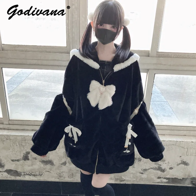 Mass-Produced Mine Sailor Collar Lace-up Quilted Faux Rabbit Fur Coat Female Girls Winter Sweet Bow Thickened Warm Fur Jackets