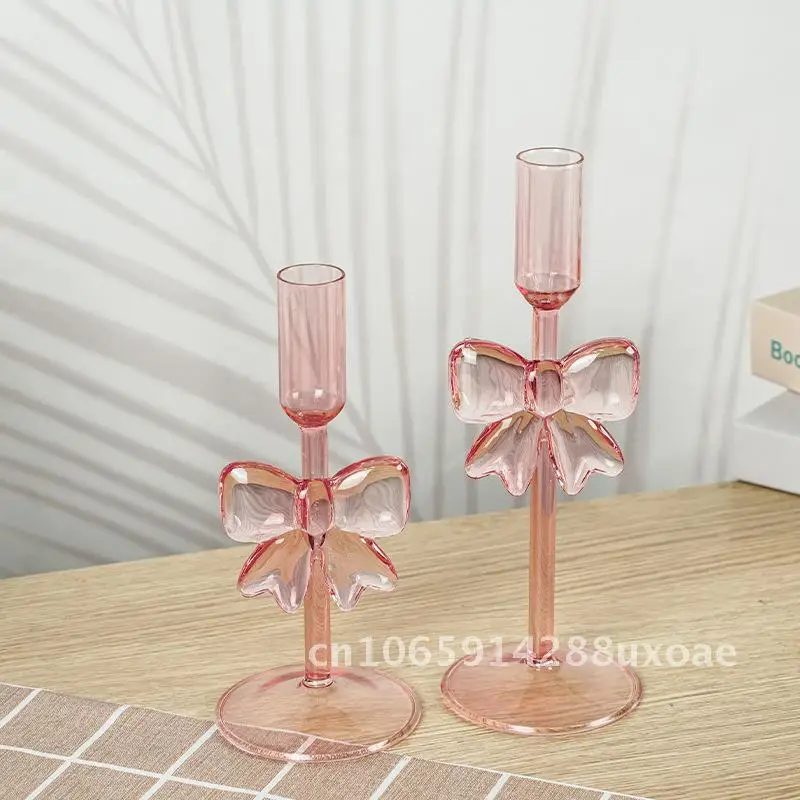 

Cute Pink Bow Glass Candlestick Romantic Ritual Desktop High Color Value Ornaments