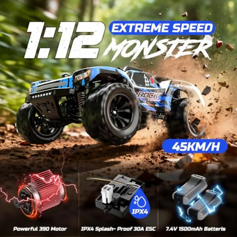 Off-Road All Terrain RC Truck for Desert Use, ABS Plastic Body, Black/Red, 45KPH Speed with 4WD Dual Batteries
