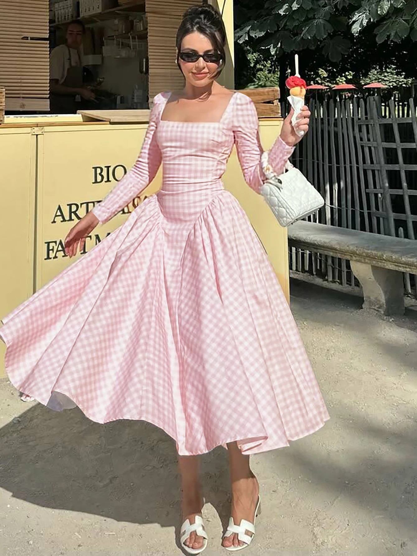 

Новая осенняя женская юбка А-силуэта с длинным рукавом, в клетку, с квадратным вырезом, приталенная, стройнящая талию, сладко-острый дизайн