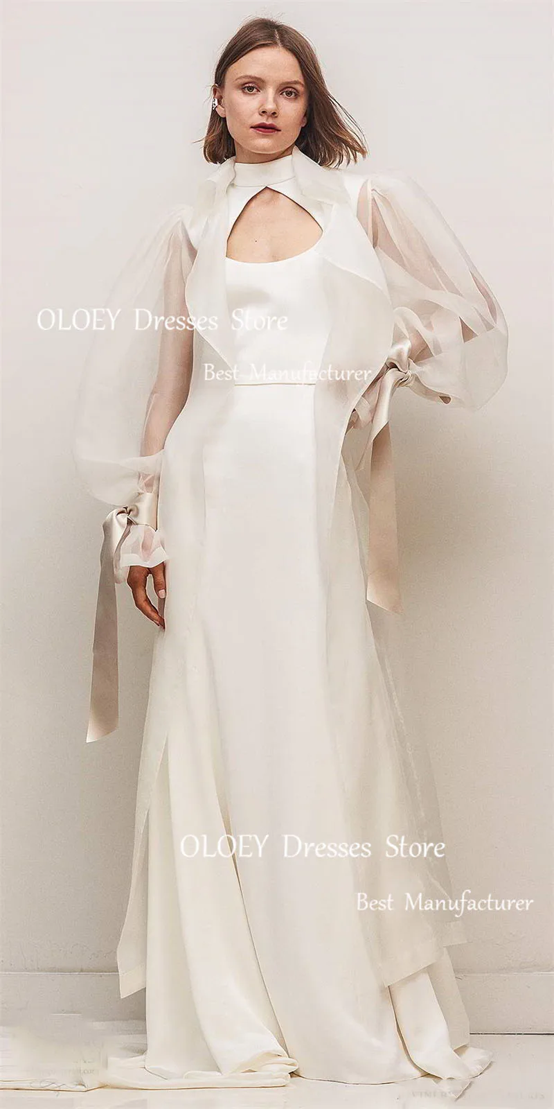 OLOEY New Design Two Pieces Wedding Dresses With Coat Puff Long Sleeves High Neck Backless Sexy Bridal Gowns Robe de mariage