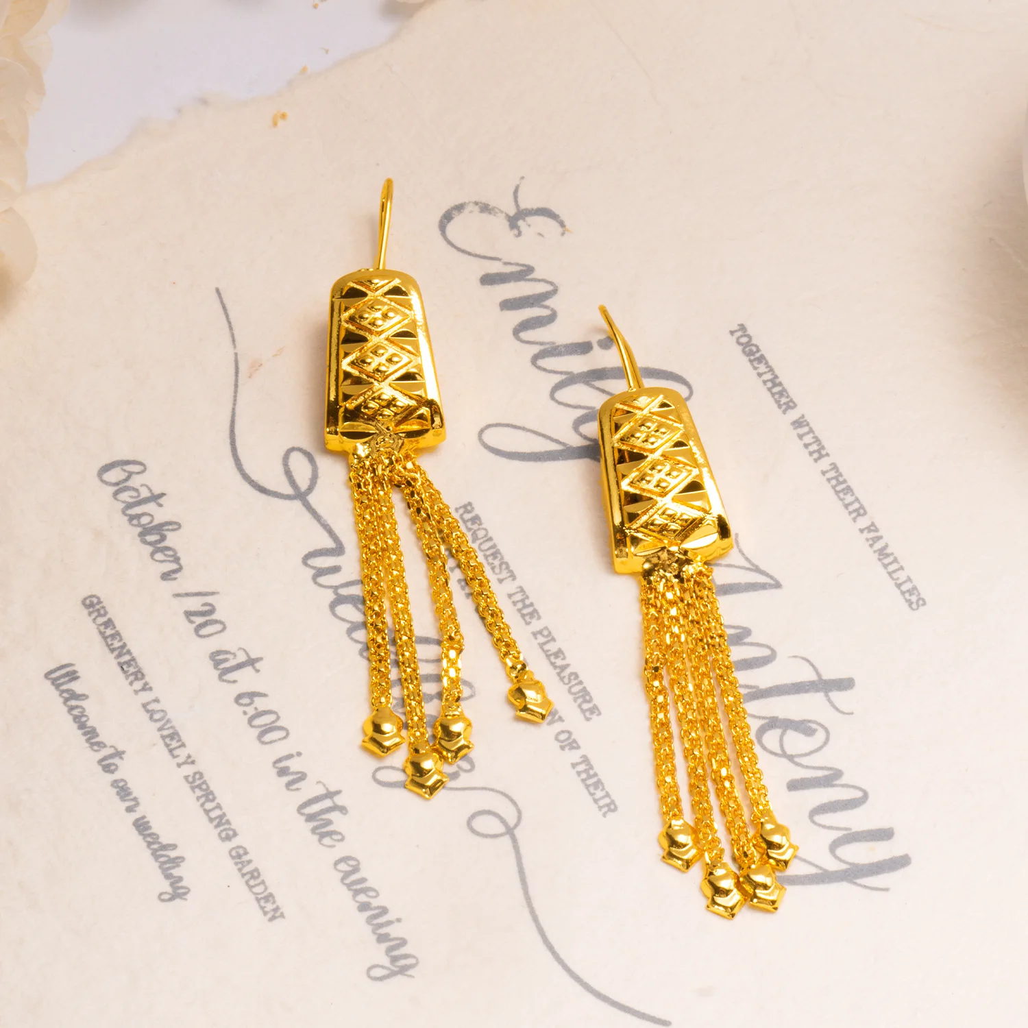 9999 gold pendant earrings with dangling accents - elegant Indian bride-style long earrings with a sophisticated touch