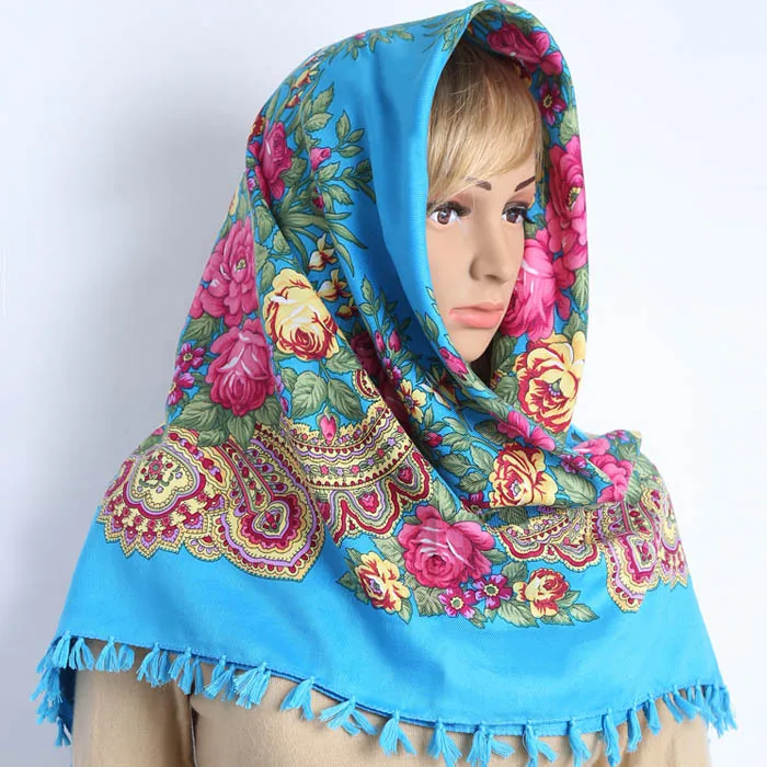 90*90cm Vintage Print Square Hijabs for Women Traditional Tassel Shawl Scarf Cotton Blend Headscarf Windproof Turban