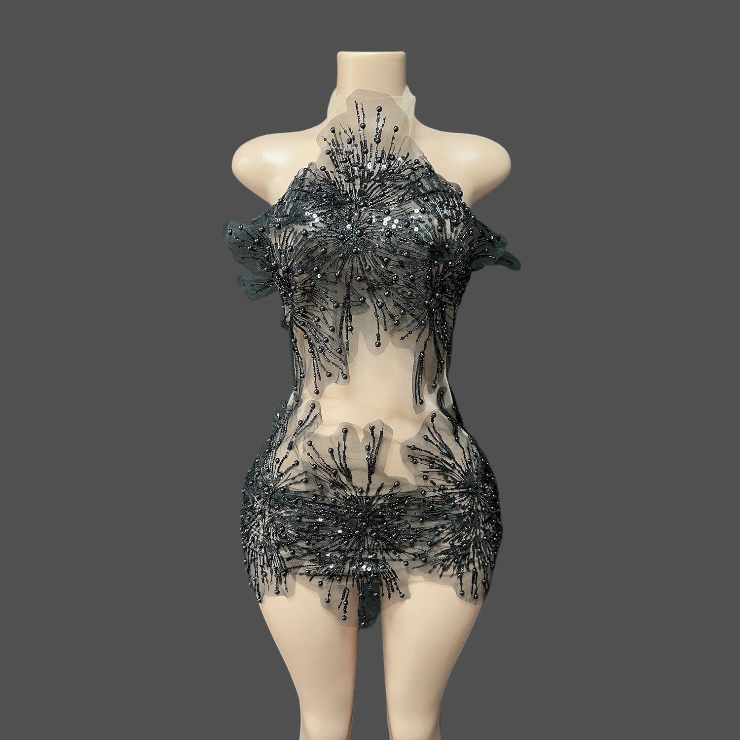 

Платье для особых случаев, женское черное платье с жемчугом, пайетками и вышивкой, прозрачное облегающее мини-платье, смелое платье для вечеринок и клубов