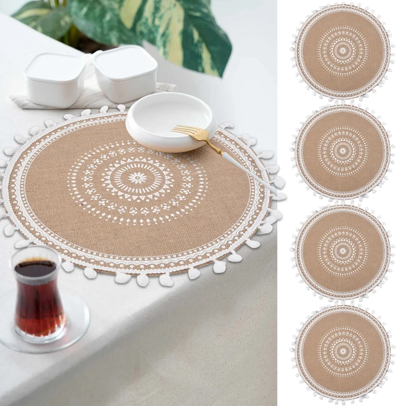 

Набор из 4 круглых салфеток, плетеные джутовые подставки в стиле бохо с помпонами для декора обеденного стола и кухонного стола - AT35