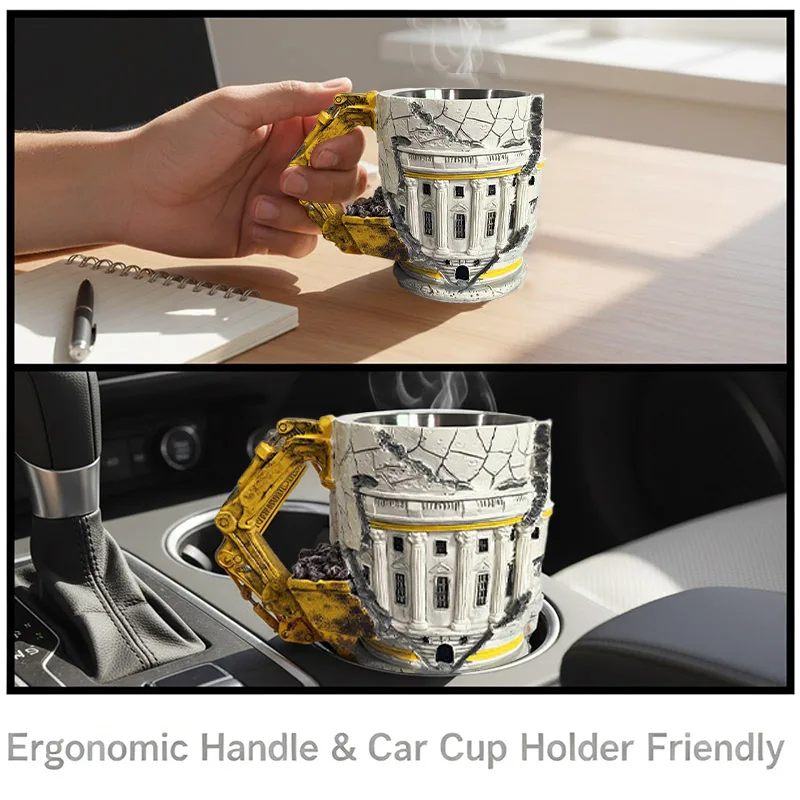 3D Someone Lied Demolition Mug 3D Stereo Excavator Shape Design Stainless Steel Coffee Cup With Handle Creative Sarcastic Cup