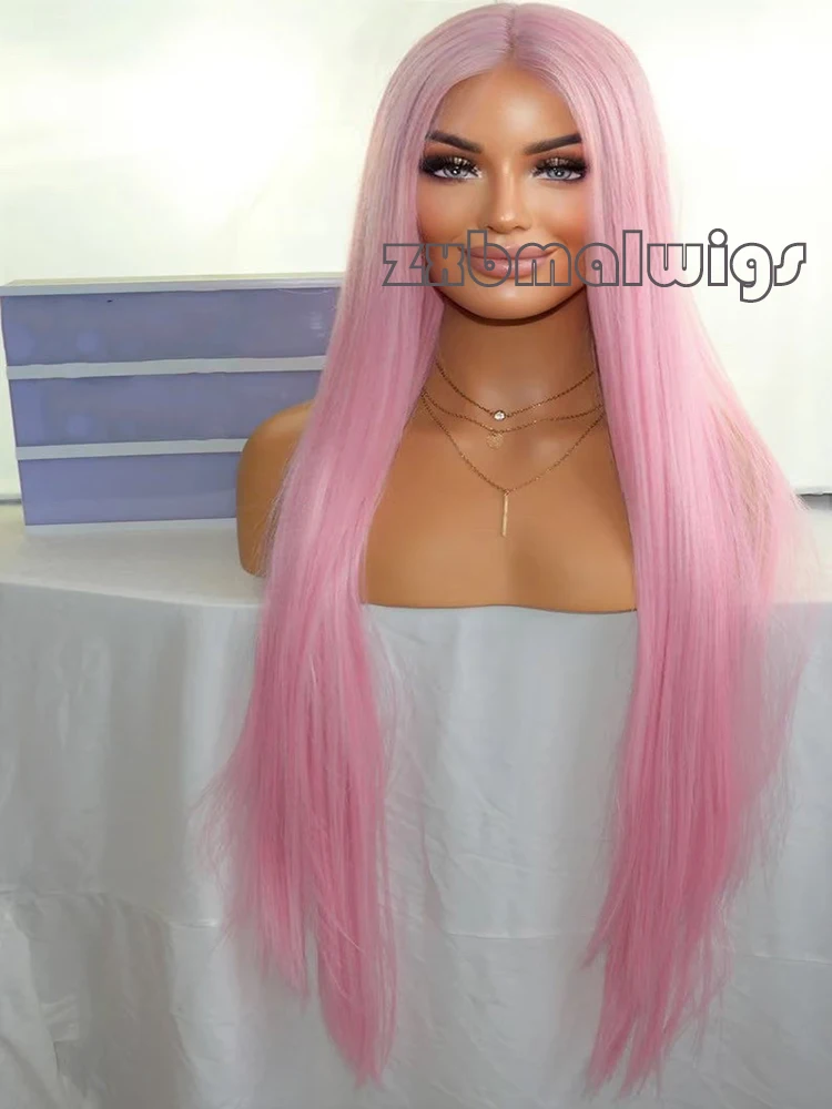 

ZXBMALWIGS Pink Women Synthetic Hair Wigs with Baby Hair Glueless Long Silky Straight 13x4 Lace Front Wigs