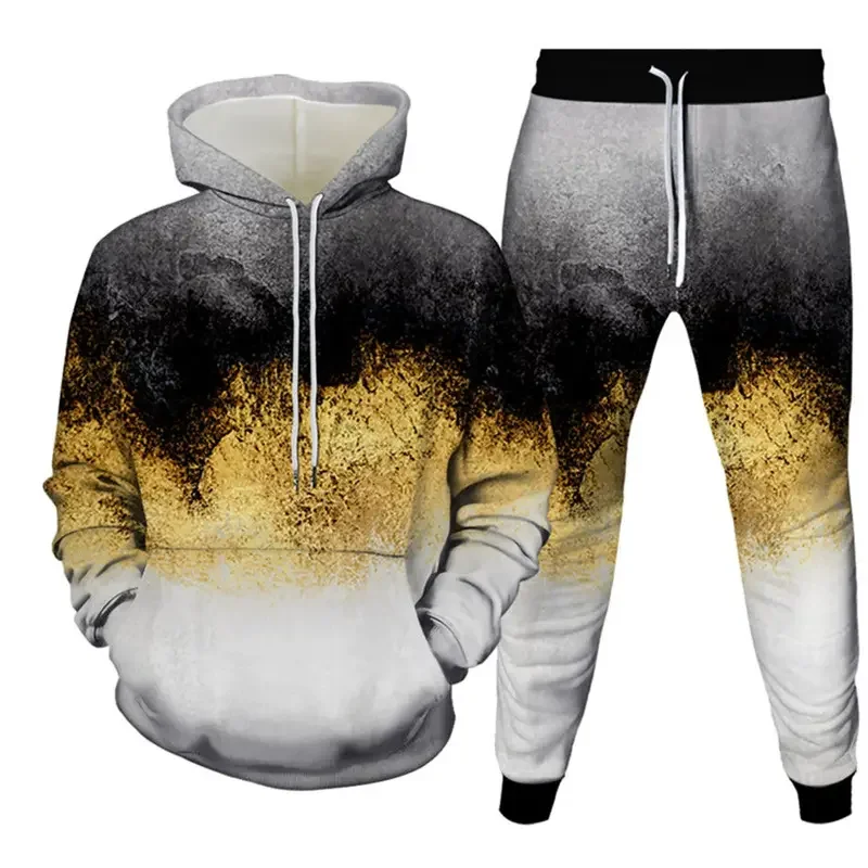 2024 style y2k gold glitter 3D printed hooded sweatshirt+pants 2-piece set men's casual sportswear Harajuku super cool set top