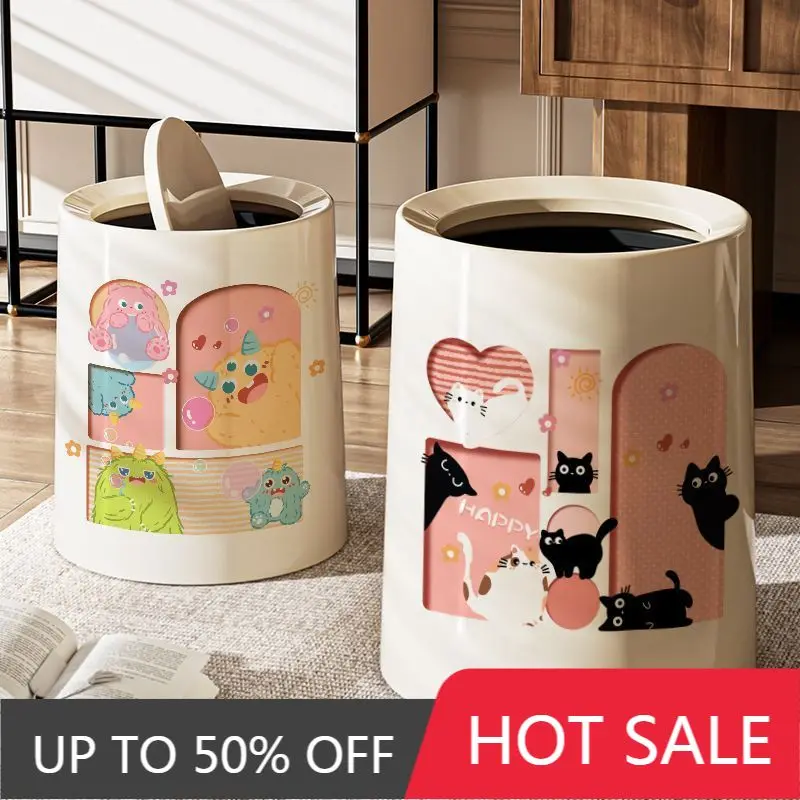 Round Wastebasket Modern Design With Lid Food Waste Trash Bin Bathroom Cream Color Kitchen Trash Can Household Cleaning Tools