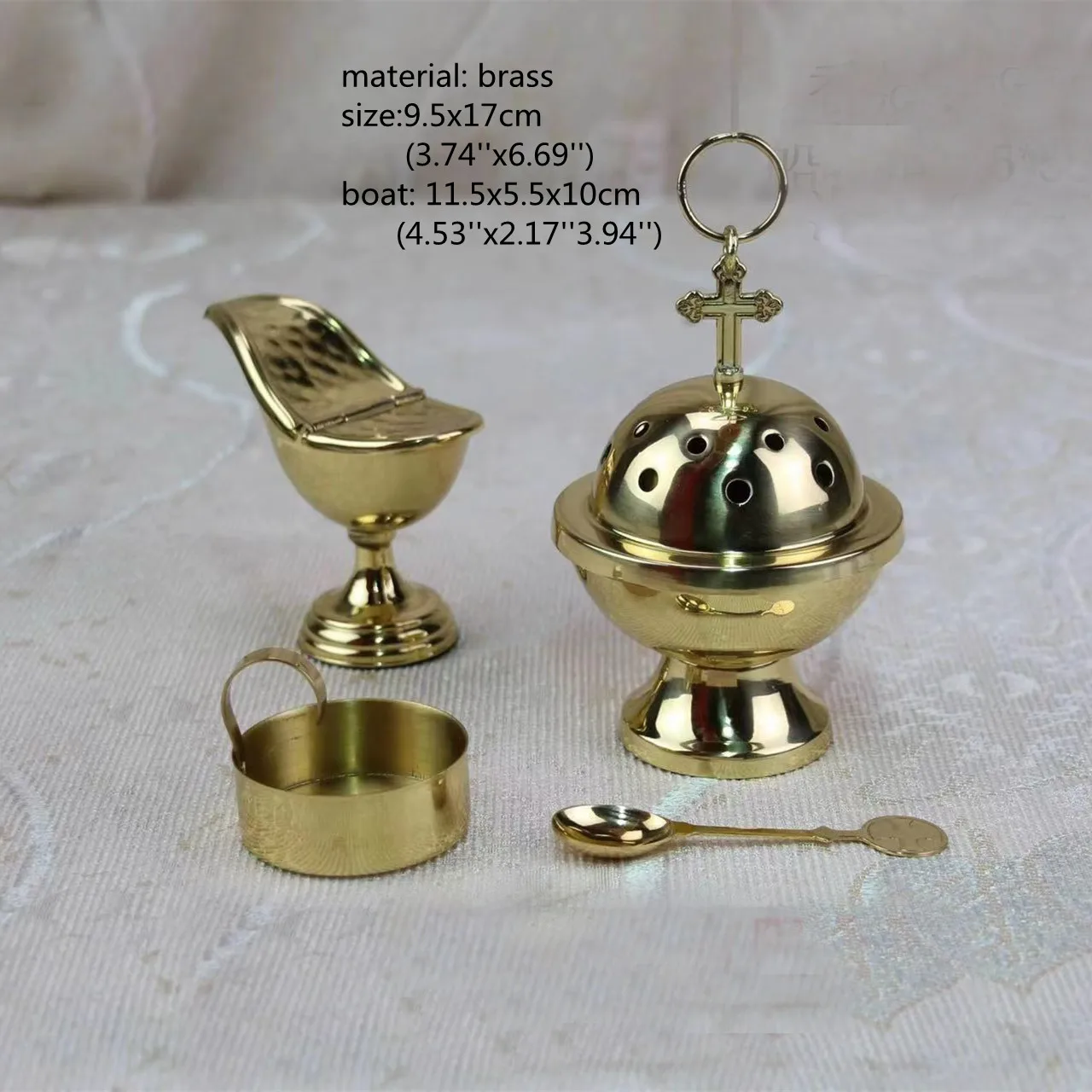 Incense Burner with Cross Brass, High Polished Boat Set, Catholic Christian Censer