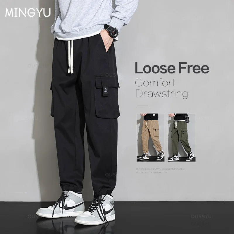 Cargo Trousers Men Thick Outdoor Loose Solid Color Work Sweatpants Overalls Korean Pockets Casual Pants Male Large Size M-678XL