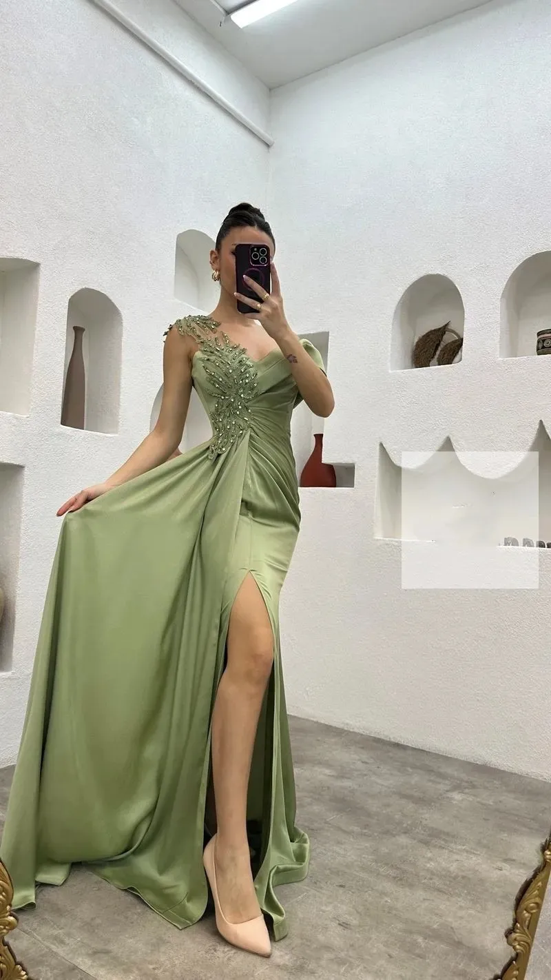 Flora Dress Green Satin V-Neck Mermaid Evening Dresses Beading Side Slit Saudi Arabic Floor Length Formal Occasion Prom Gowns