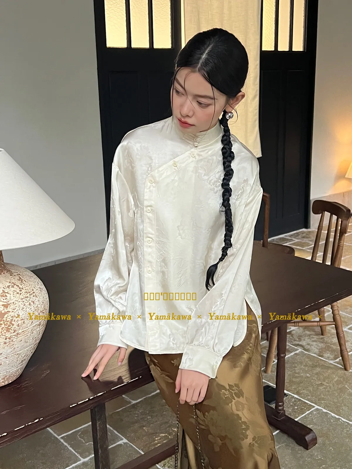 

Yaawa Long Sve Silk irt Lotus Pattern Вышивка Воротник-стойка Скрытый дизайн Для поездок на работу Sle Женская премиум-класса