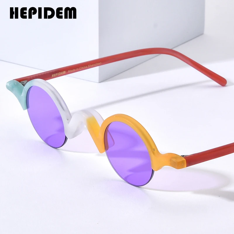 HEPIDEM Matte Acetate Sunglasses Women 2024 New Men Retro Semi Rimless Small Round Sun Glasses Nylon Shades Sunglasses H9281T