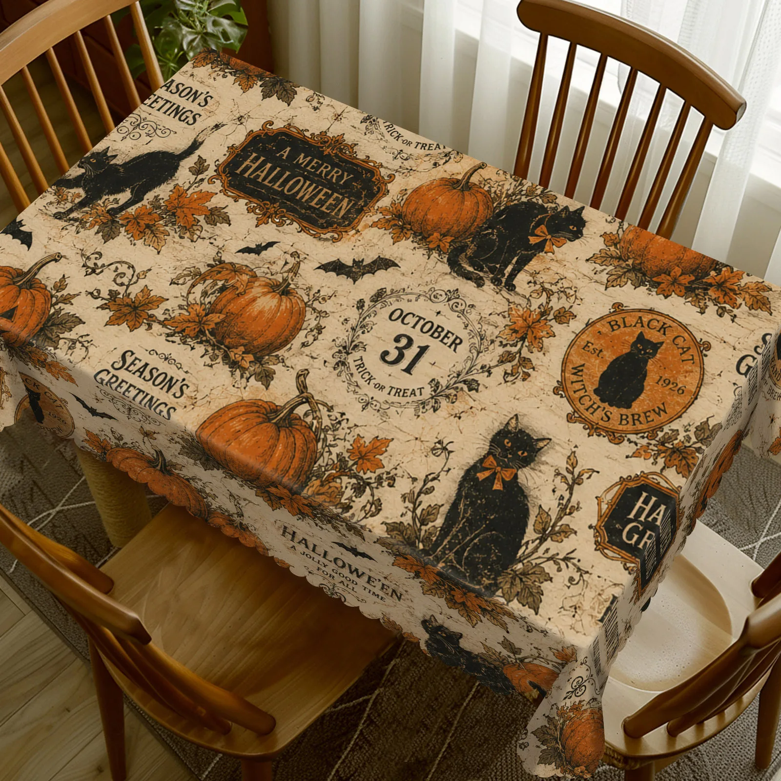 1 piece, Halloween-themed tablecloth, retro-style pumpkin and black cat festive celebration pattern tablecloth