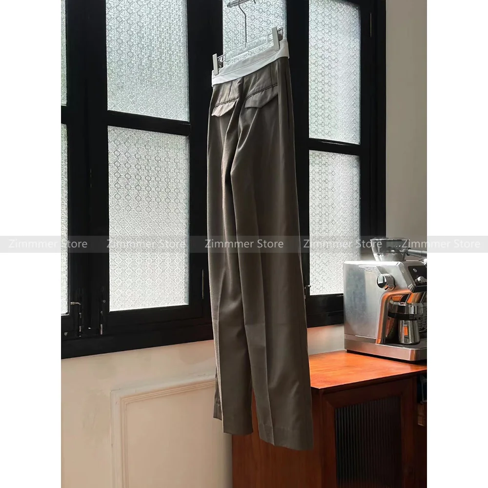 Casual pleated suit pants French high-waisted splicing 2024 new waist head turned white design sense of thin straight pants