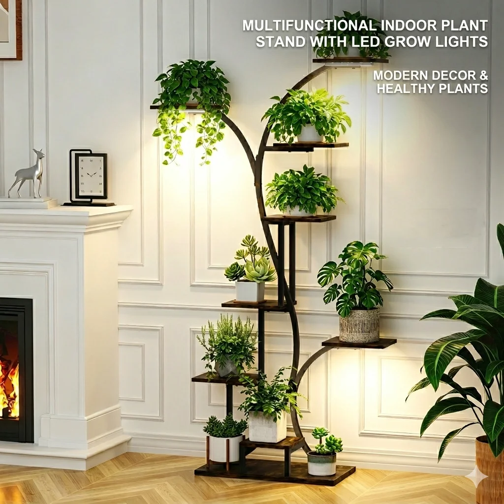Tall Corner Plant Stand with Grow Lights Industrial Multiple Shelves Display Organizer Flowers Rack