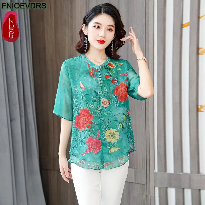 L-5XL Loose Clothes Women 2023 Summer Elegant Office Lady Stand Collar Shirts Casual Retro Vintage Floral Print Pink Top Blouses