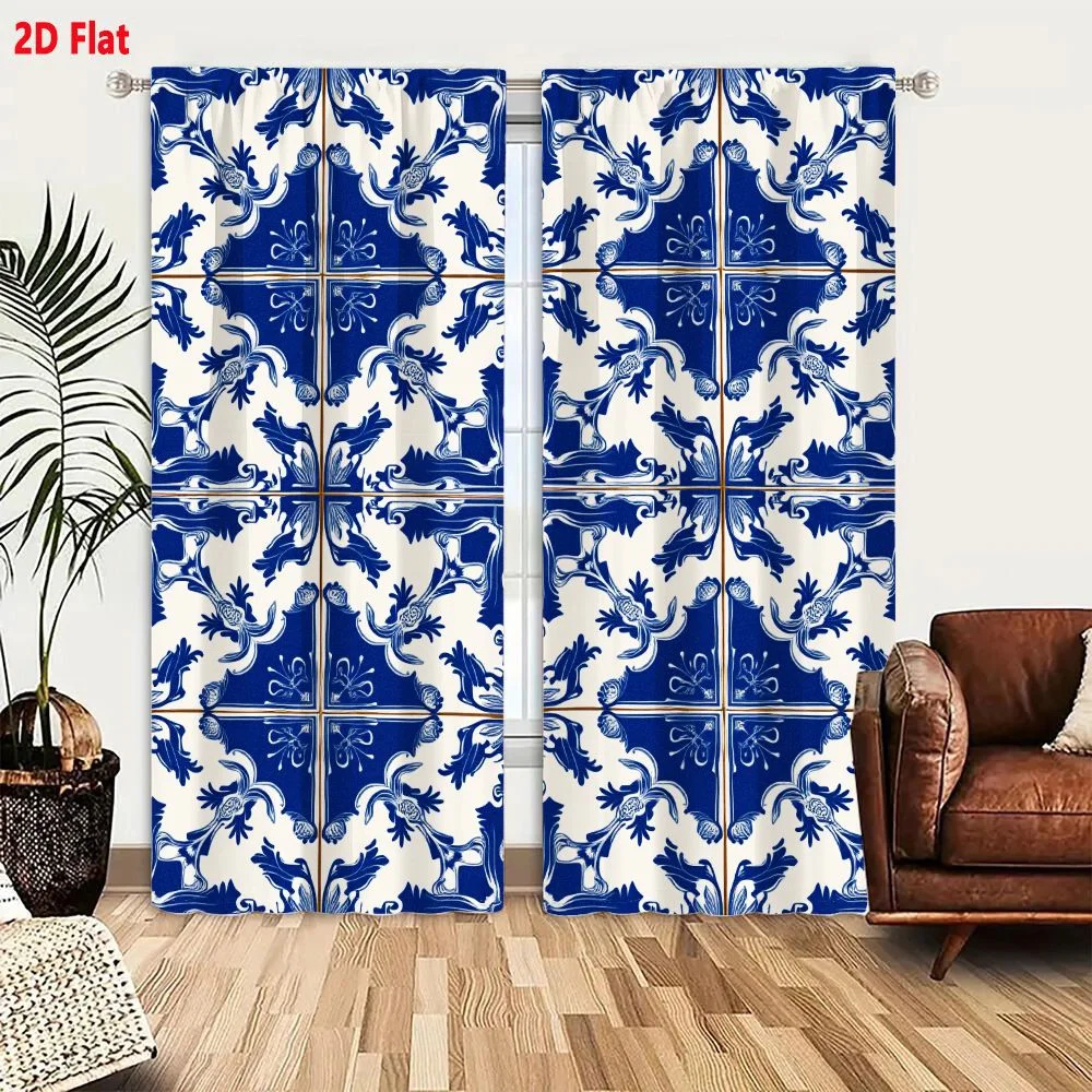 2Pcs Curtains 2D Flat Cobalt Blue And White Portuguese Azulejo Ceramic Tile Pattern With Floral Motifs Window Drapes for Bedroom