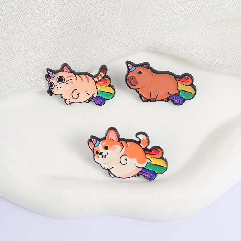 Cat Shiba Inu Capybara with Rainbow Enamel Pins Cute Cartoon Animal Metal Brooches Fashion Lapel Badge Backpack Clothes Jewelry