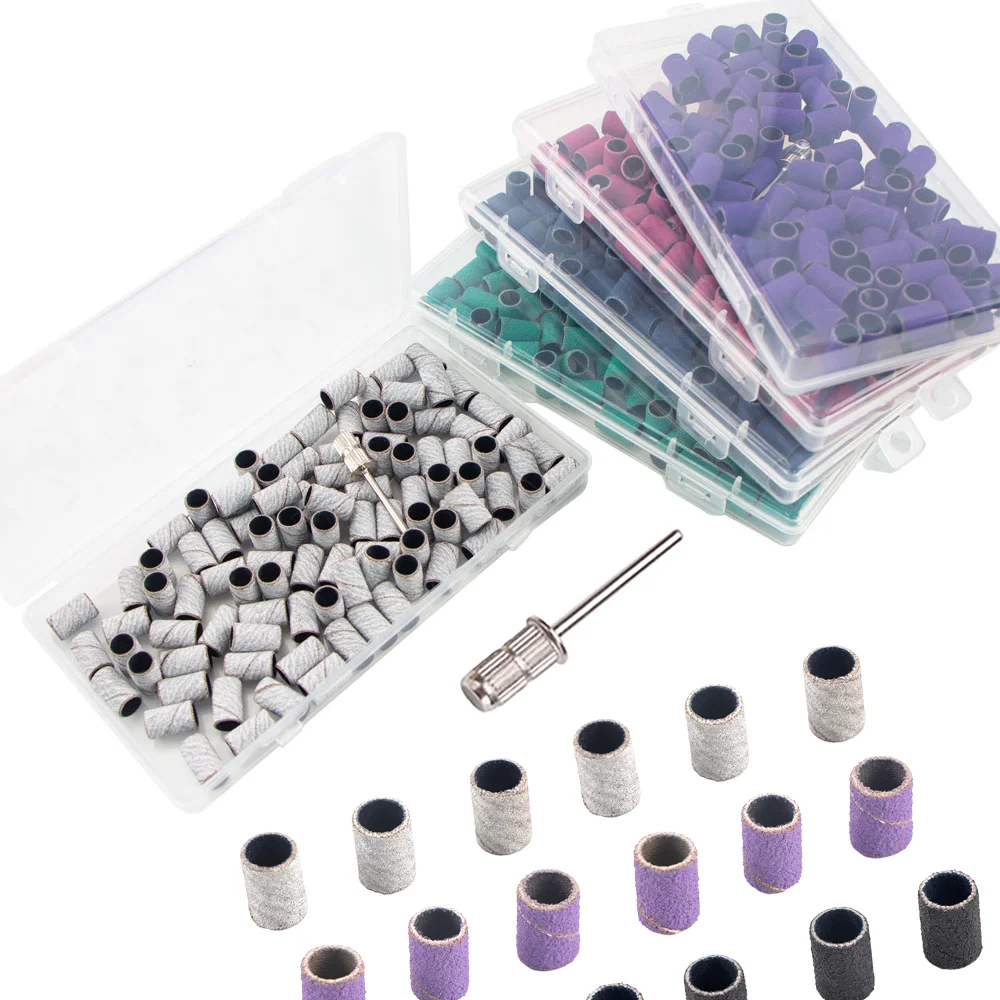 100 قطعة الرملي العصابات مع 1 قطعة رمح معدني مجموعة مسمار لقمة ثقب العناية بالقدم تلميع مانيكير جل مزيل طلاء الأظافر أدوات القاطع