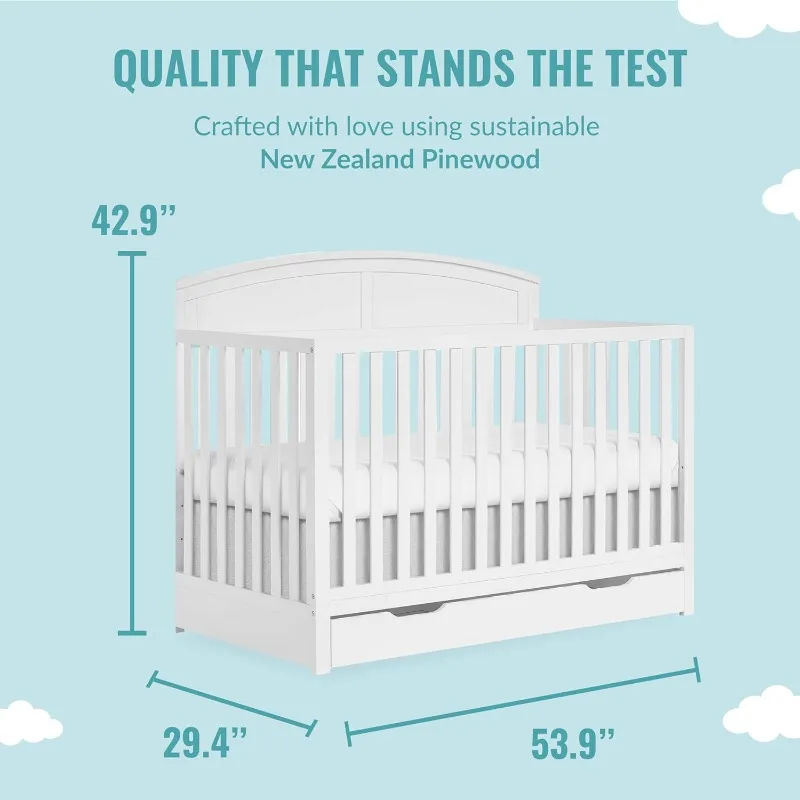 5 in 1 Convertible Crib with Storage Drawer in White, JPMA & Greenguard Gold Certified, Made of Sustainable