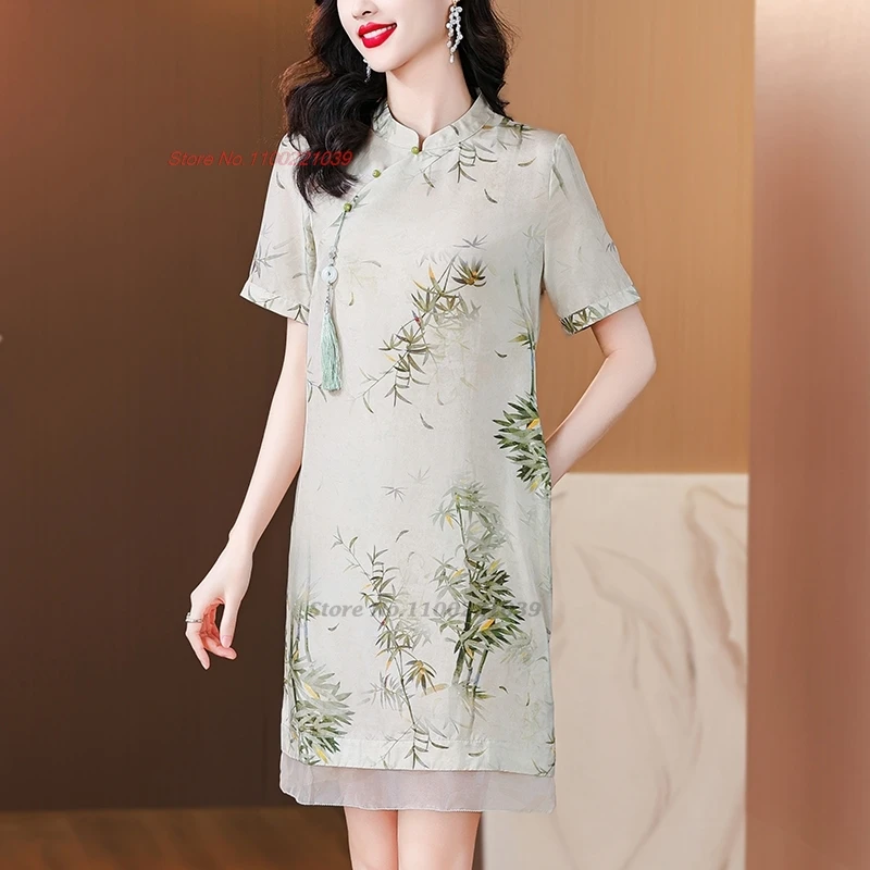

2024, китайское улучшенное винтажное платье Cheongsam, шифоновое платье трапециевидной формы с национальным цветочным принтом, восточное банкетное вечернее народное платье