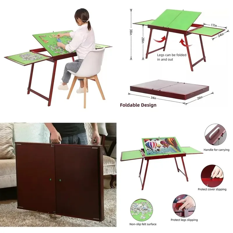 Foldable Puzzle Table with Tiltable Top and Wooden Backing Board Storage for 1000 Piece Jigsaw Puzzles