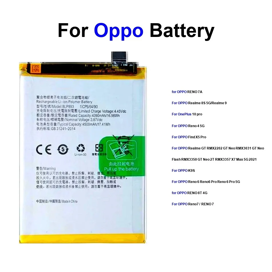 

BLP849 BLP789 BLP893 Battery For OPPO Realme 8S 9 Find X5 Pro Reno 4 6 7 7A 8T Replacement Oneplus 10