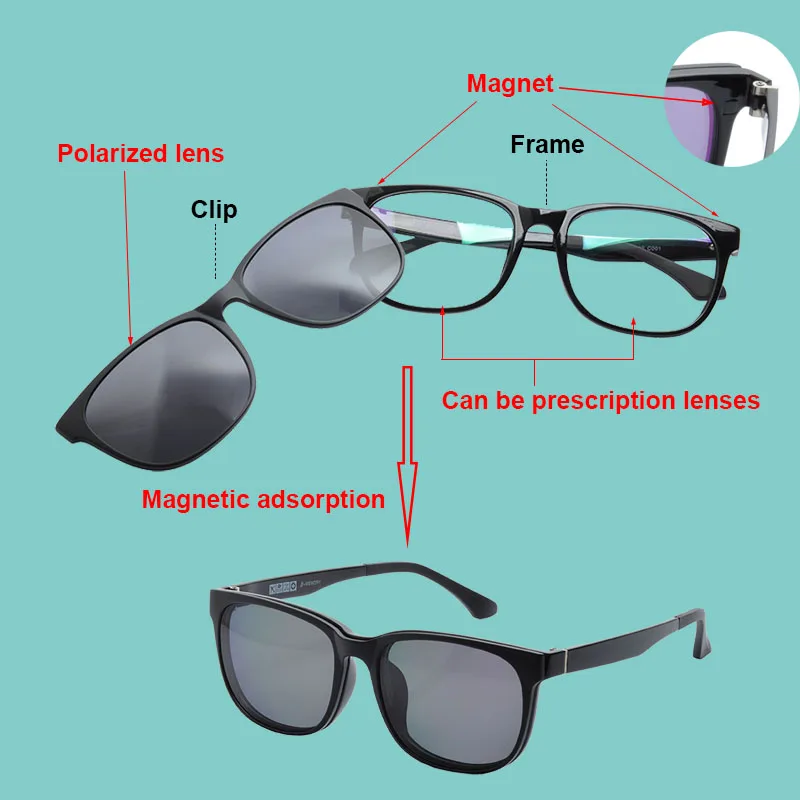 Polarized Magnetic Clip-on Sunglasses Men and Women Big Frame Eyeglasses Driving Fishing UV400 Protection Eyewear DD1405